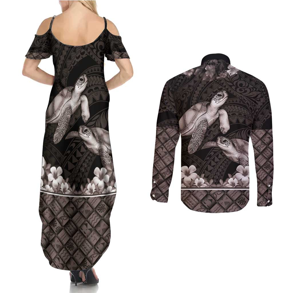 Hawaiian Lei Turtle and Plumeria Couples Matching Summer Maxi Dress and Long Sleeve Button Shirt Polynerian Art Tattoo-Grayscale Mode LT03 - Polynesian Pride