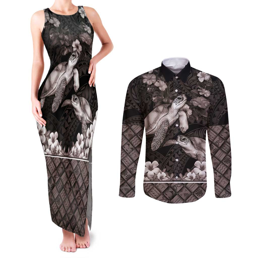 Hawaiian Lei Turtle and Plumeria Couples Matching Tank Maxi Dress and Long Sleeve Button Shirt Polynerian Art Tattoo-Grayscale Mode LT03 Black - Polynesian Pride