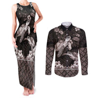 Hawaiian Lei Turtle and Plumeria Couples Matching Tank Maxi Dress and Long Sleeve Button Shirt Polynerian Art Tattoo-Grayscale Mode LT03 Black - Polynesian Pride