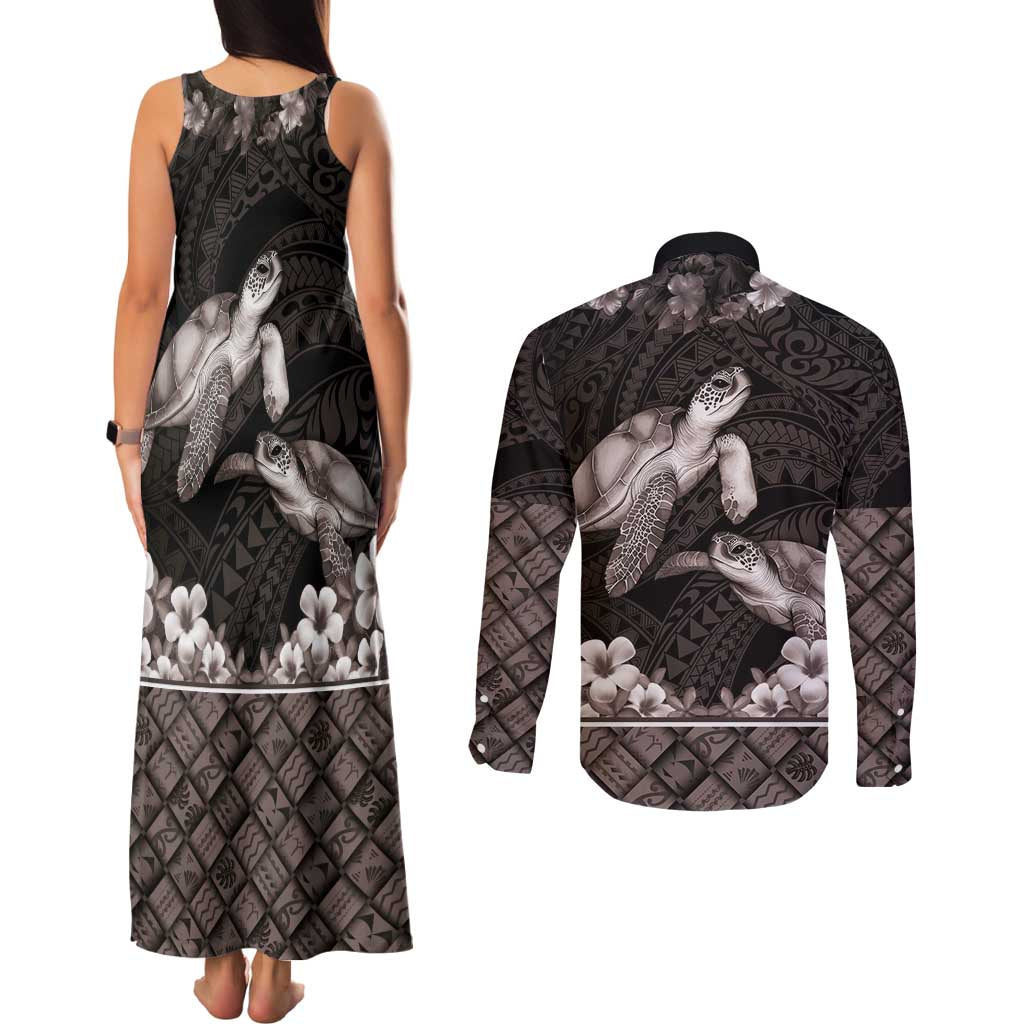 Hawaiian Lei Turtle and Plumeria Couples Matching Tank Maxi Dress and Long Sleeve Button Shirt Polynerian Art Tattoo-Grayscale Mode LT03 - Polynesian Pride