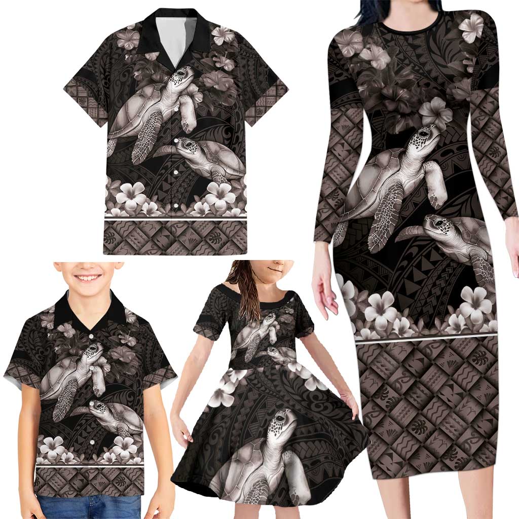 Hawaiian Lei Turtle and Plumeria Family Matching Long Sleeve Bodycon Dress and Hawaiian Shirt Polynerian Art Tattoo-Grayscale Mode