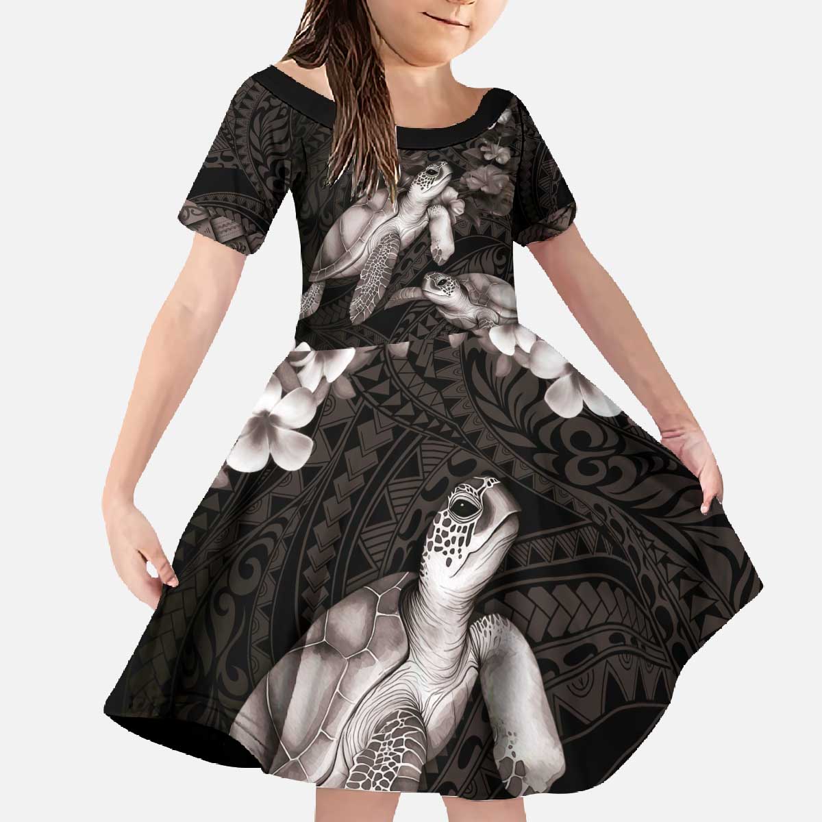 Hawaiian Lei Turtle and Plumeria Family Matching Off The Shoulder Long Sleeve Dress and Hawaiian Shirt Polynerian Art Tattoo-Grayscale Mode