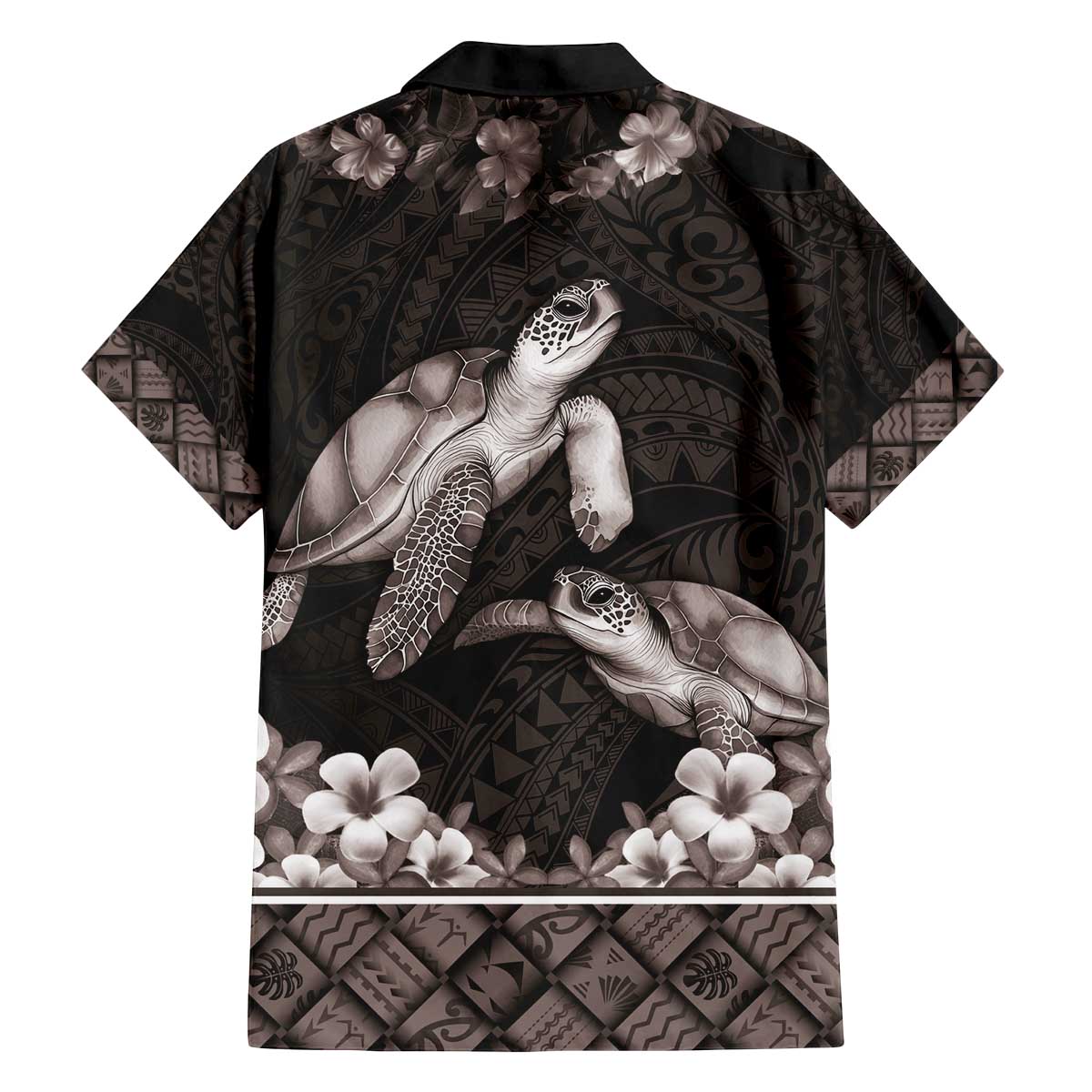 Hawaiian Lei Turtle and Plumeria Family Matching Off The Shoulder Long Sleeve Dress and Hawaiian Shirt Polynerian Art Tattoo-Grayscale Mode