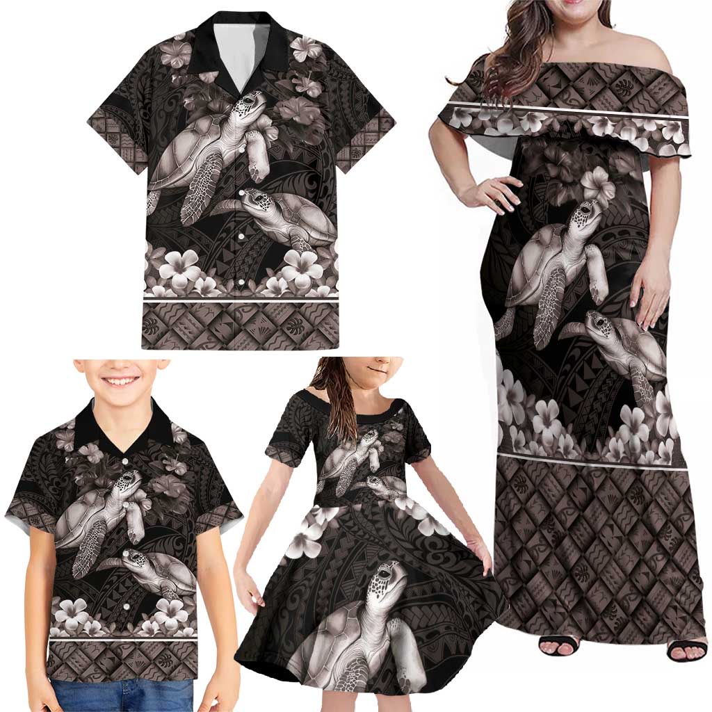 Hawaiian Lei Turtle and Plumeria Family Matching Off Shoulder Maxi Dress and Hawaiian Shirt Polynerian Art Tattoo-Grayscale Mode