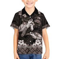 Hawaiian Lei Turtle and Plumeria Family Matching Off Shoulder Short Dress and Hawaiian Shirt Polynerian Art Tattoo-Grayscale Mode