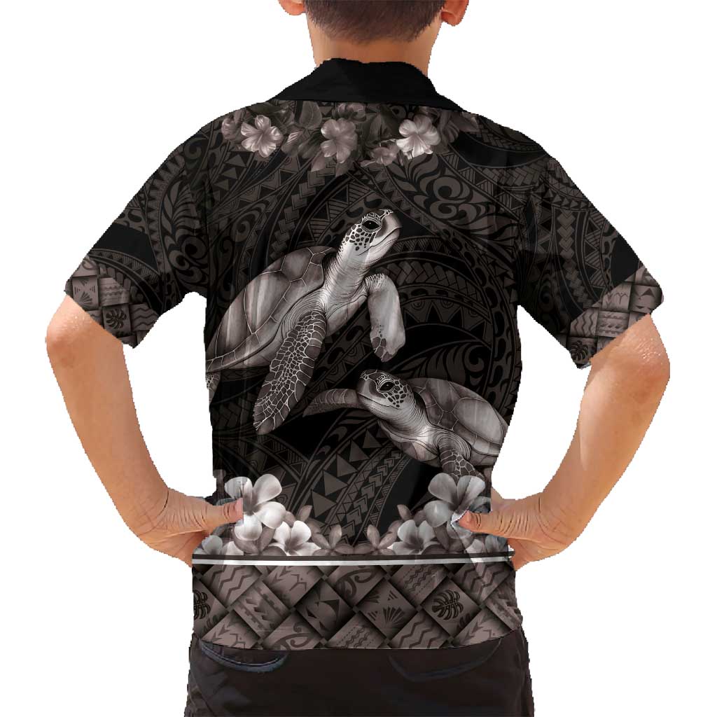 Hawaiian Lei Turtle and Plumeria Family Matching Puletasi and Hawaiian Shirt Polynerian Art Tattoo-Grayscale Mode