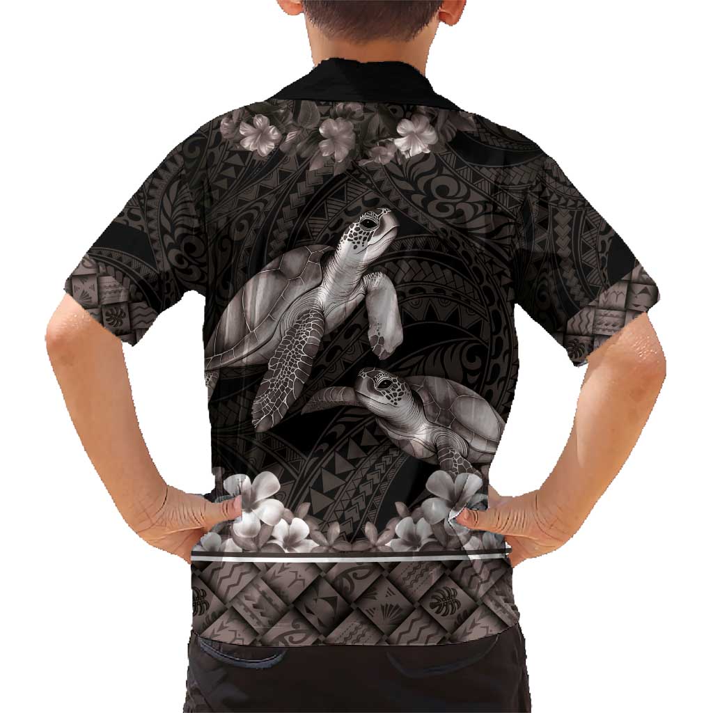 Hawaiian Lei Turtle and Plumeria Family Matching Short Sleeve Bodycon Dress and Hawaiian Shirt Polynerian Art Tattoo-Grayscale Mode LT03 - Polynesian Pride