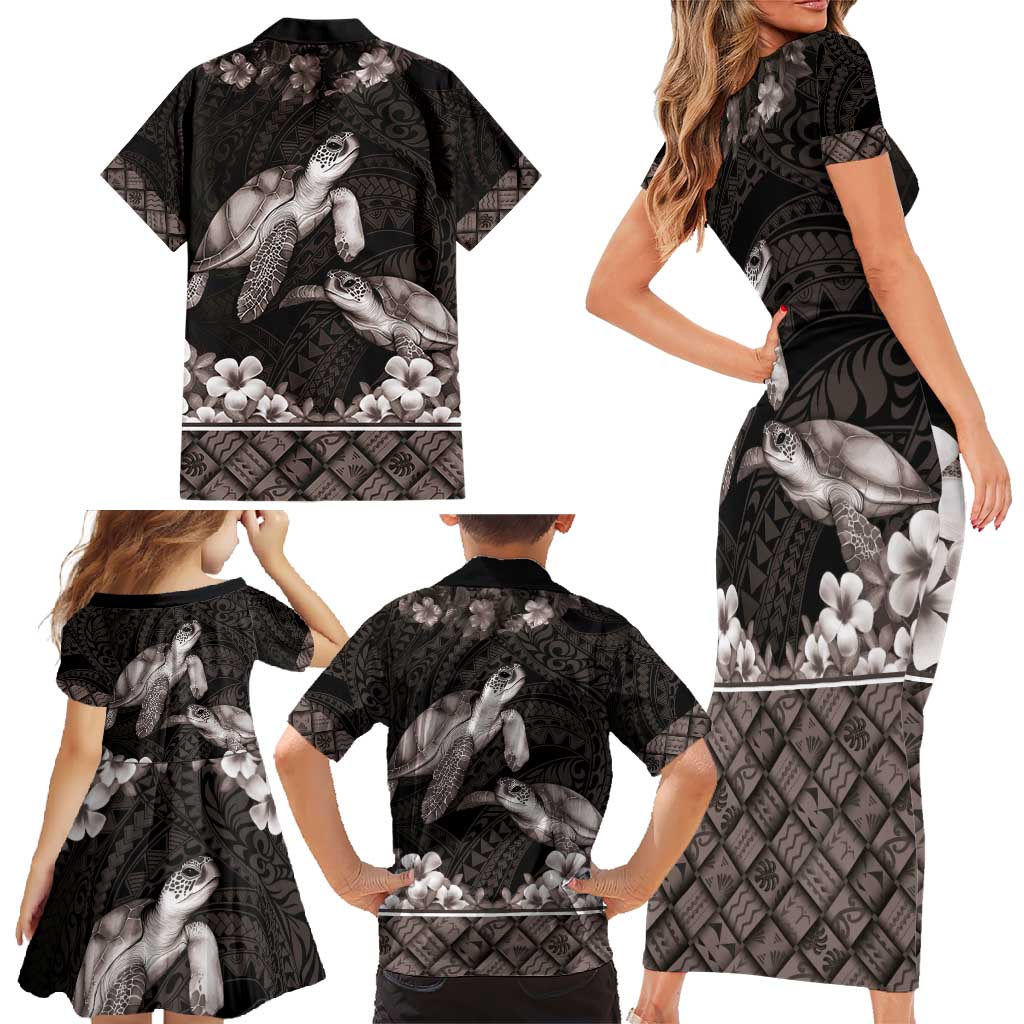 Hawaiian Lei Turtle and Plumeria Family Matching Short Sleeve Bodycon Dress and Hawaiian Shirt Polynerian Art Tattoo-Grayscale Mode LT03 - Polynesian Pride