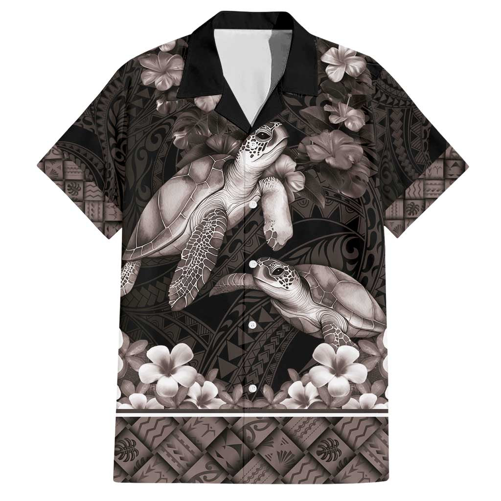 Hawaiian Lei Turtle and Plumeria Family Matching Short Sleeve Bodycon Dress and Hawaiian Shirt Polynerian Art Tattoo-Grayscale Mode LT03 Dad's Shirt - Short Sleeve Black - Polynesian Pride