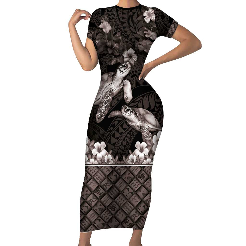 Hawaiian Lei Turtle and Plumeria Family Matching Short Sleeve Bodycon Dress and Hawaiian Shirt Polynerian Art Tattoo-Grayscale Mode LT03 Mom's Dress Black - Polynesian Pride