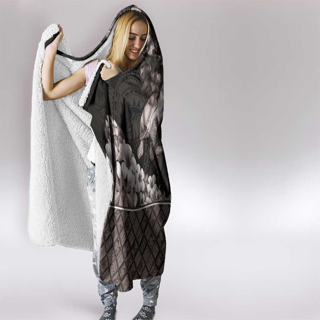 Hawaiian Lei Turtle and Plumeria Hooded Blanket Polynerian Art Tattoo-Grayscale Mode