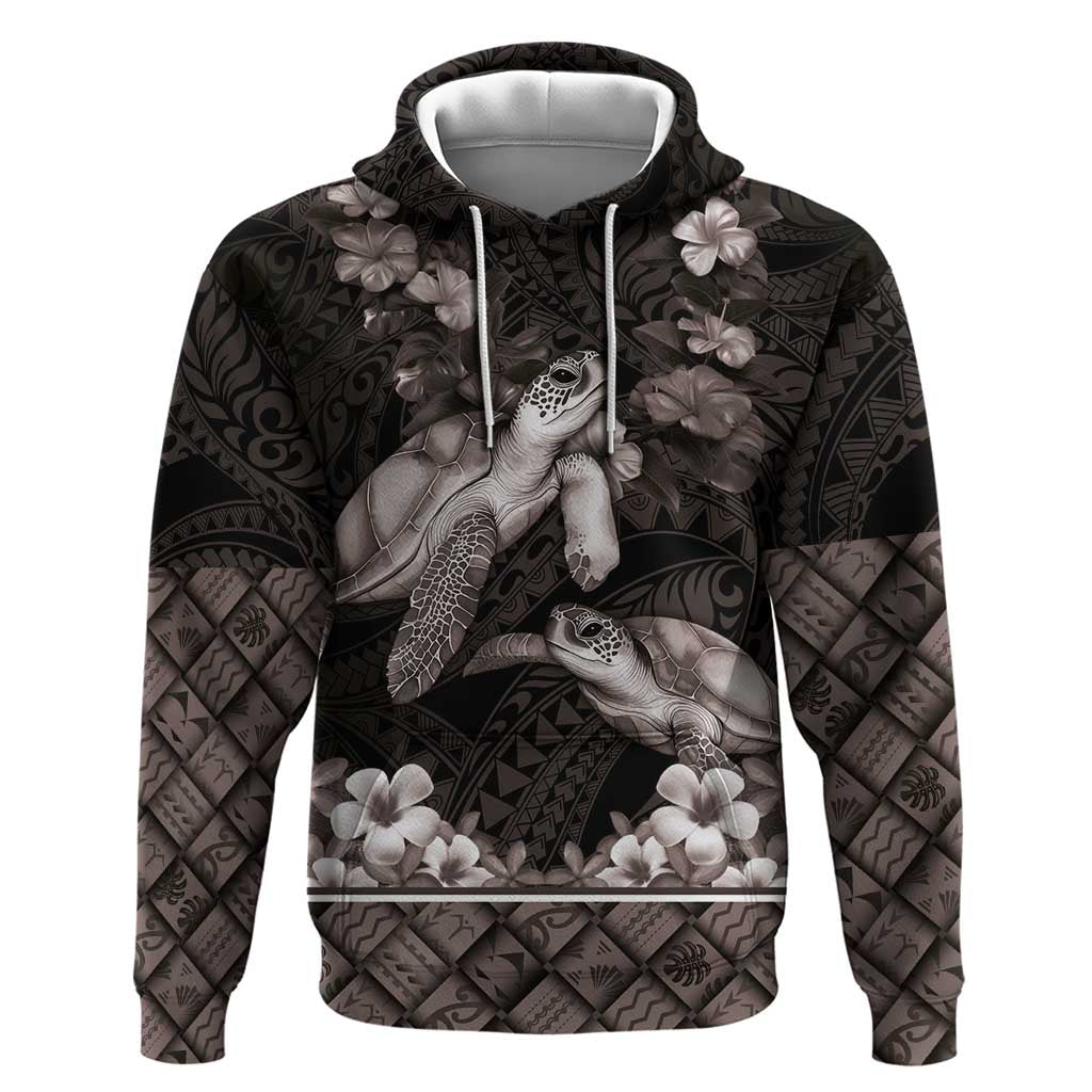 Hawaiian Lei Turtle and Plumeria Hoodie Polynerian Art Tattoo-Grayscale Mode