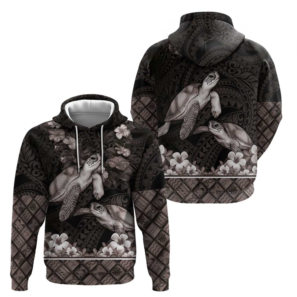 Hawaiian Lei Turtle and Plumeria Hoodie Polynerian Art Tattoo-Grayscale Mode