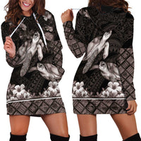 Hawaiian Lei Turtle and Plumeria Hoodie Dress Polynerian Art Tattoo-Grayscale Mode