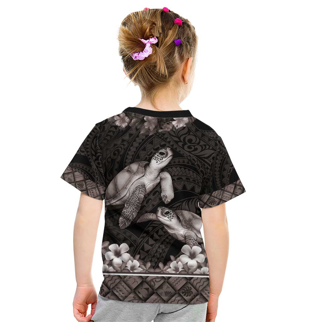 Hawaiian Lei Turtle and Plumeria Kid T Shirt Polynerian Art Tattoo-Grayscale Mode