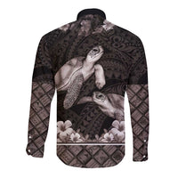 Hawaiian Lei Turtle and Plumeria Long Sleeve Button Shirt Polynerian Art Tattoo-Grayscale Mode
