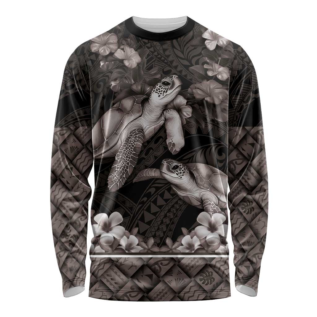 Hawaiian Lei Turtle and Plumeria Long Sleeve Shirt Polynerian Art Tattoo-Grayscale Mode