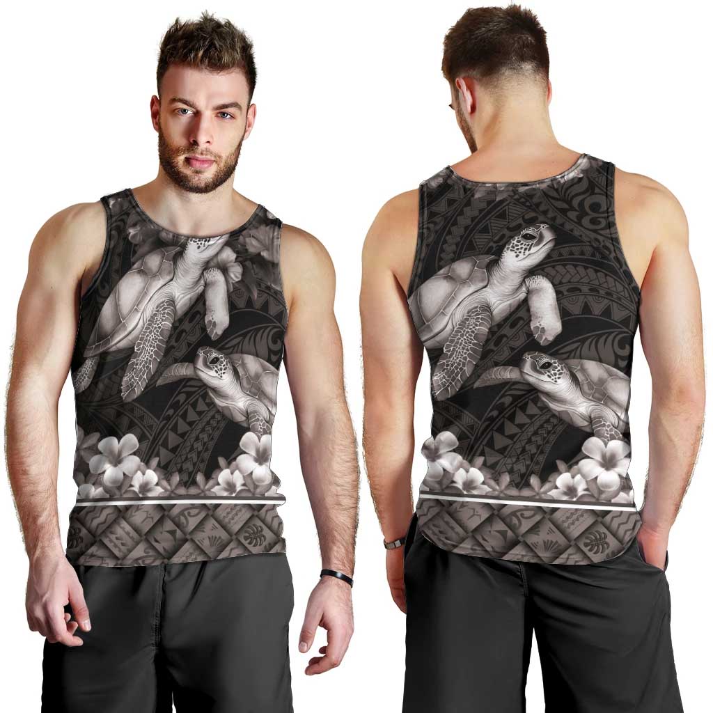Hawaiian Lei Turtle and Plumeria Men Tank Top Polynerian Art Tattoo-Grayscale Mode