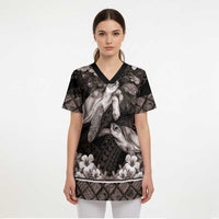 Hawaiian Lei Turtle and Plumeria Scrub Top Polynerian Art Tattoo-Grayscale Mode - Polynesian Pride