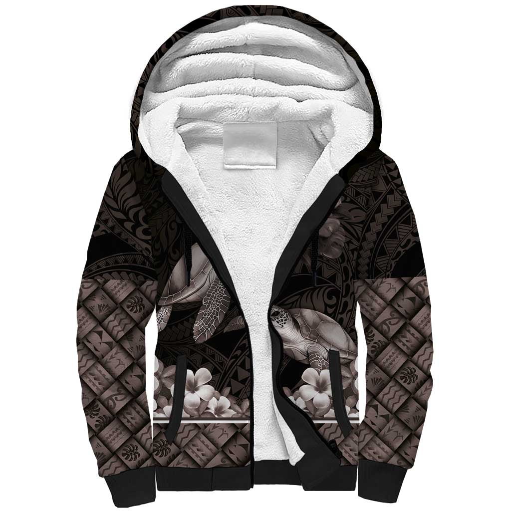 Hawaiian Lei Turtle and Plumeria Sherpa Hoodie Polynerian Art Tattoo-Grayscale Mode