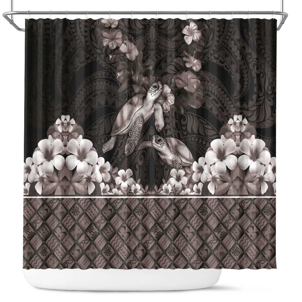 Hawaiian Lei Turtle and Plumeria Shower Curtain Polynerian Art Tattoo-Grayscale Mode