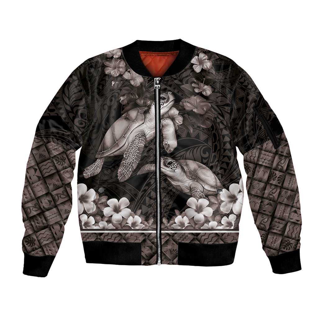 Hawaiian Lei Turtle and Plumeria Sleeve Zip Bomber Jacket Polynerian Art Tattoo-Grayscale Mode