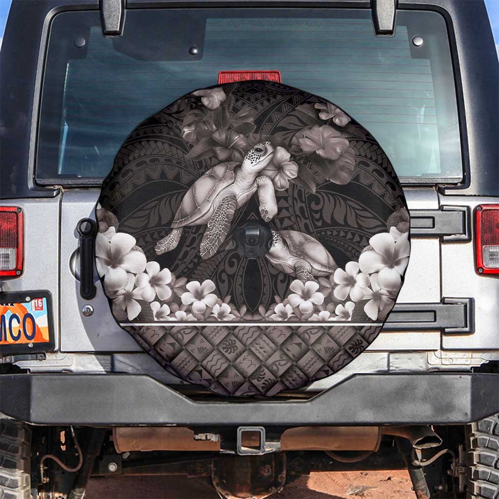 Hawaiian Lei Turtle and Plumeria Spare Tire Cover Polynerian Art Tattoo-Grayscale Mode