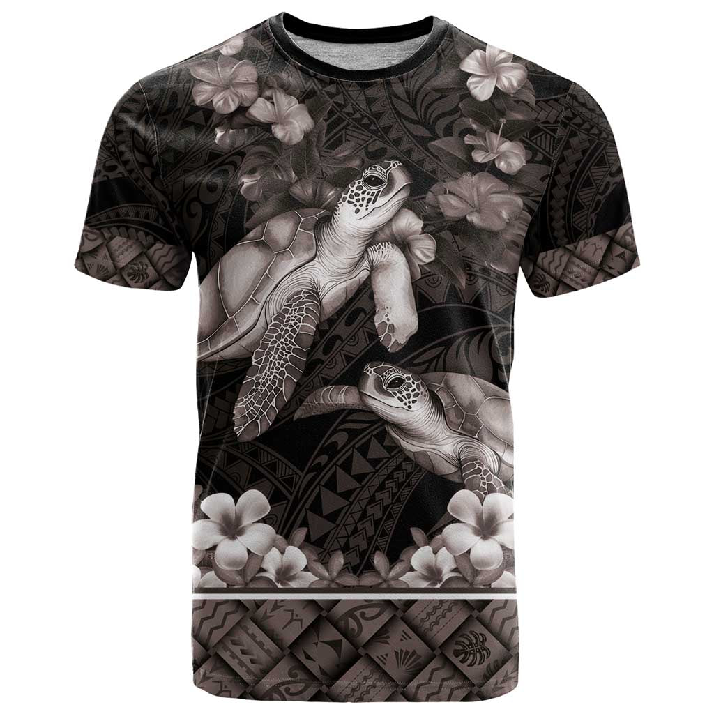 Hawaiian Lei Turtle and Plumeria T Shirt Polynerian Art Tattoo-Grayscale Mode