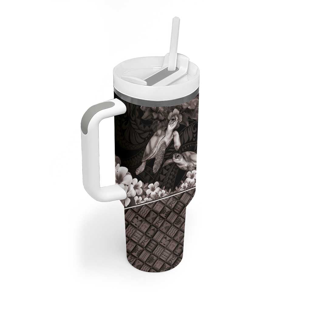 Hawaiian Lei Turtle and Plumeria Tumbler With Handle Polynerian Art Tattoo-Grayscale Mode