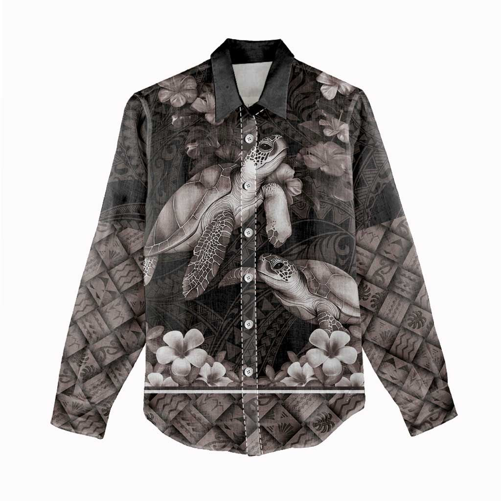 Hawaiian Lei Turtle and Plumeria Women Casual Shirt Polynerian Art Tattoo-Grayscale Mode