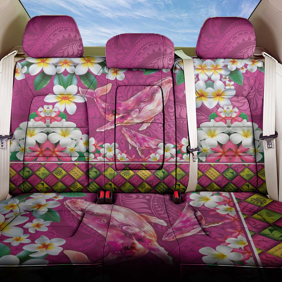 Hawaiian Plumeria and Humpback Whales Back Car Seat Cover Polynerian Art Tattoo-Plum Pink Color