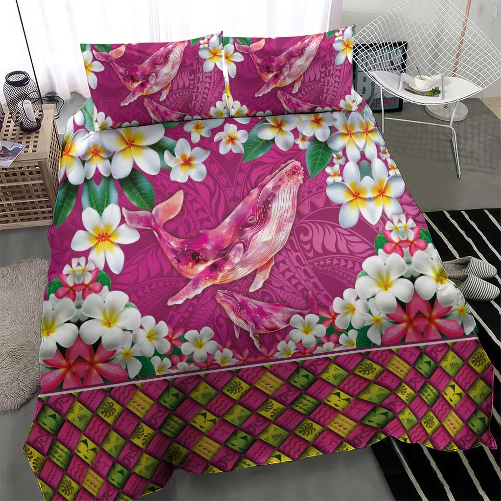 Hawaiian Plumeria and Humpback Whales Bedding Set Polynerian Art Tattoo-Plum Pink Color