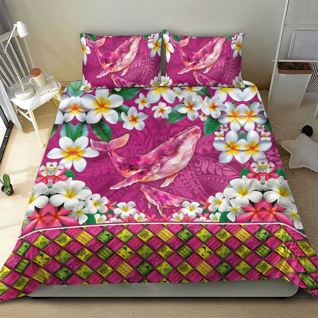 Hawaiian Plumeria and Humpback Whales Bedding Set Polynerian Art Tattoo-Plum Pink Color