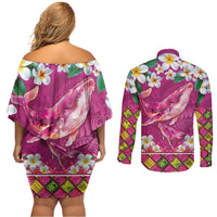 Hawaiian Plumeria and Humpback Whales Couples Matching Off Shoulder Short Dress and Long Sleeve Button Shirt Polynerian Art Tattoo-Plum Pink Color