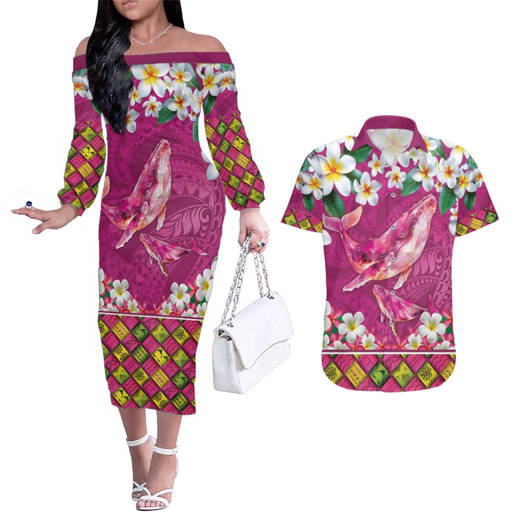 Hawaiian Plumeria and Humpback Whales Couples Matching Off The Shoulder Long Sleeve Dress and Hawaiian Shirt Polynerian Art Tattoo-Plum Pink Color