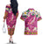 Hawaiian Plumeria and Humpback Whales Couples Matching Off The Shoulder Long Sleeve Dress and Hawaiian Shirt Polynerian Art Tattoo-Plum Pink Color