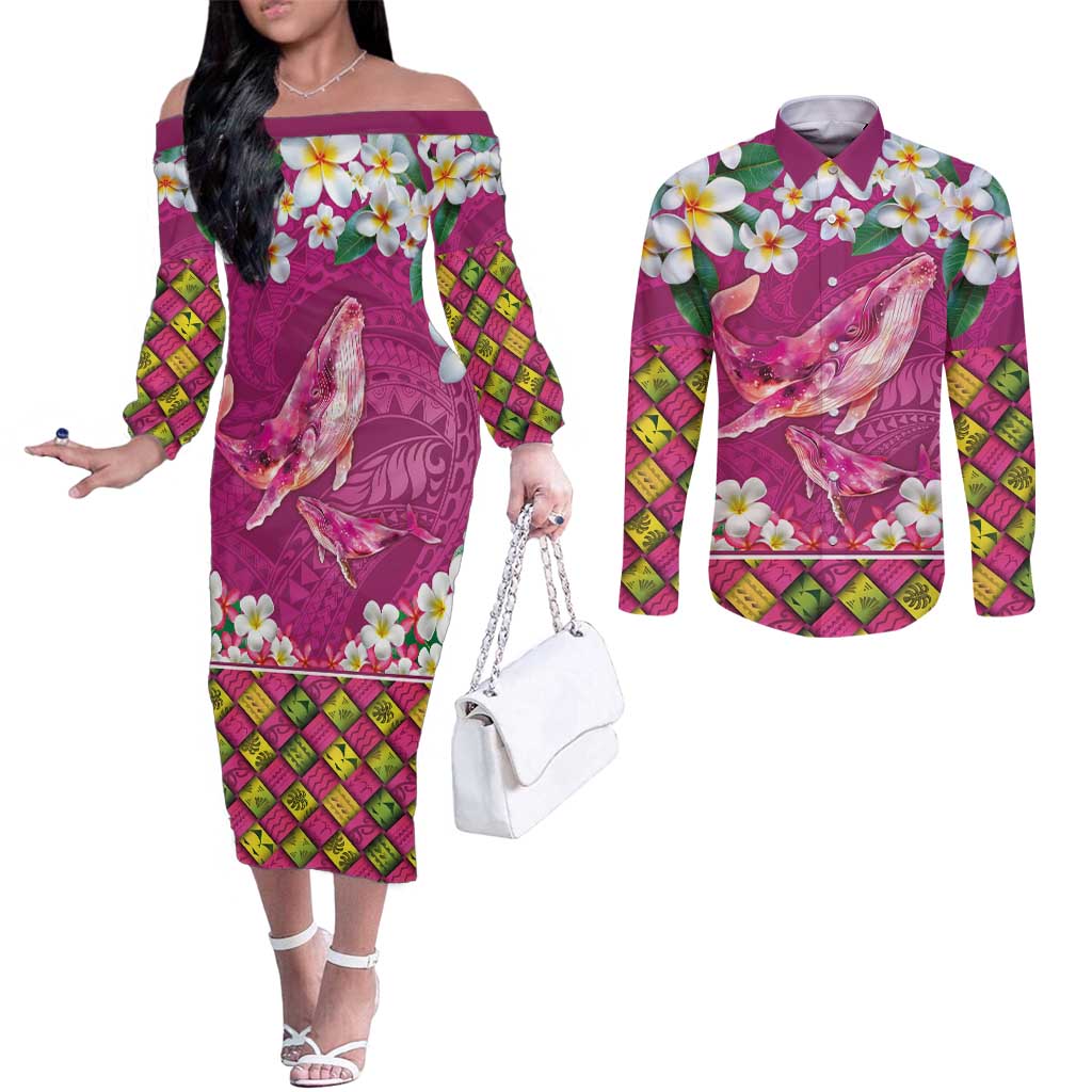 Hawaiian Plumeria and Humpback Whales Couples Matching Off The Shoulder Long Sleeve Dress and Long Sleeve Button Shirt Polynerian Art Tattoo-Plum Pink Color