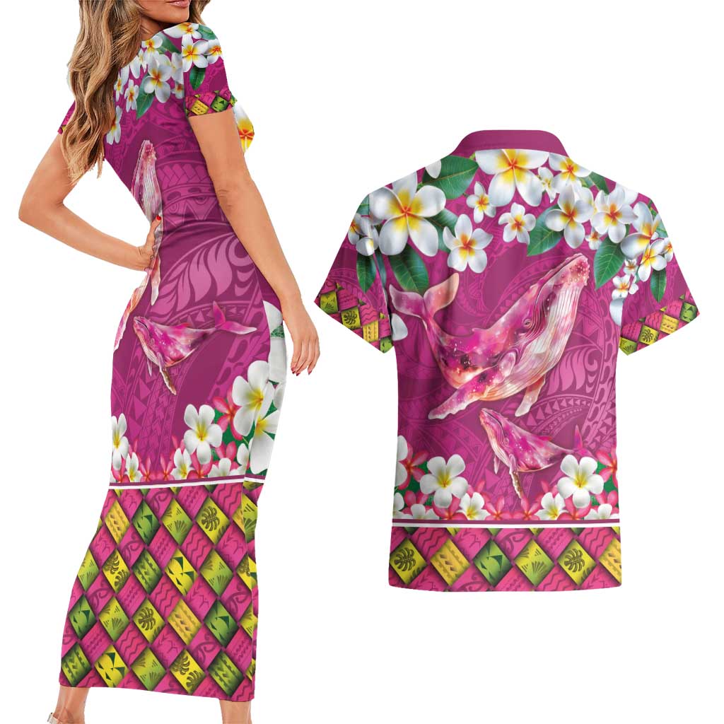 Hawaiian Plumeria and Humpback Whales Couples Matching Short Sleeve Bodycon Dress and Hawaiian Shirt Polynerian Art Tattoo-Plum Pink Color