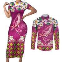 Hawaiian Plumeria and Humpback Whales Couples Matching Short Sleeve Bodycon Dress and Long Sleeve Button Shirt Polynerian Art Tattoo-Plum Pink Color