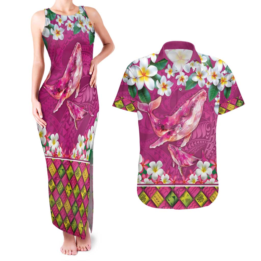 Hawaiian Plumeria and Humpback Whales Couples Matching Tank Maxi Dress and Hawaiian Shirt Polynerian Art Tattoo-Plum Pink Color