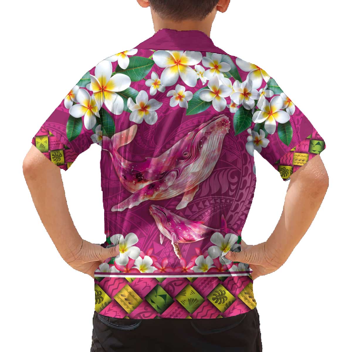 Hawaiian Plumeria and Humpback Whales Family Matching Off The Shoulder Long Sleeve Dress and Hawaiian Shirt Polynerian Art Tattoo-Plum Pink Color