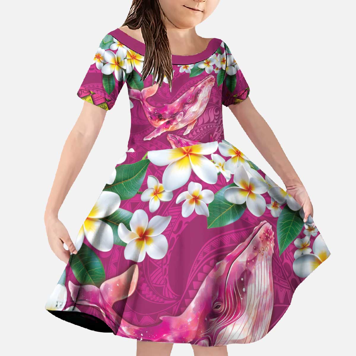 Hawaiian Plumeria and Humpback Whales Family Matching Off The Shoulder Long Sleeve Dress and Hawaiian Shirt Polynerian Art Tattoo-Plum Pink Color
