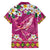 Hawaiian Plumeria and Humpback Whales Family Matching Off The Shoulder Long Sleeve Dress and Hawaiian Shirt Polynerian Art Tattoo-Plum Pink Color