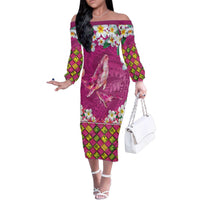 Hawaiian Plumeria and Humpback Whales Family Matching Off The Shoulder Long Sleeve Dress and Hawaiian Shirt Polynerian Art Tattoo-Plum Pink Color