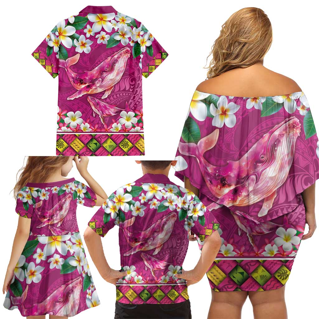 Hawaiian Plumeria and Humpback Whales Family Matching Off Shoulder Short Dress and Hawaiian Shirt Polynerian Art Tattoo-Plum Pink Color