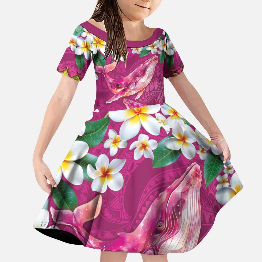 Hawaiian Plumeria and Humpback Whales Family Matching Puletasi and Hawaiian Shirt Polynerian Art Tattoo-Plum Pink Color LT03 Daughter's Dress Pink - Polynesian Pride