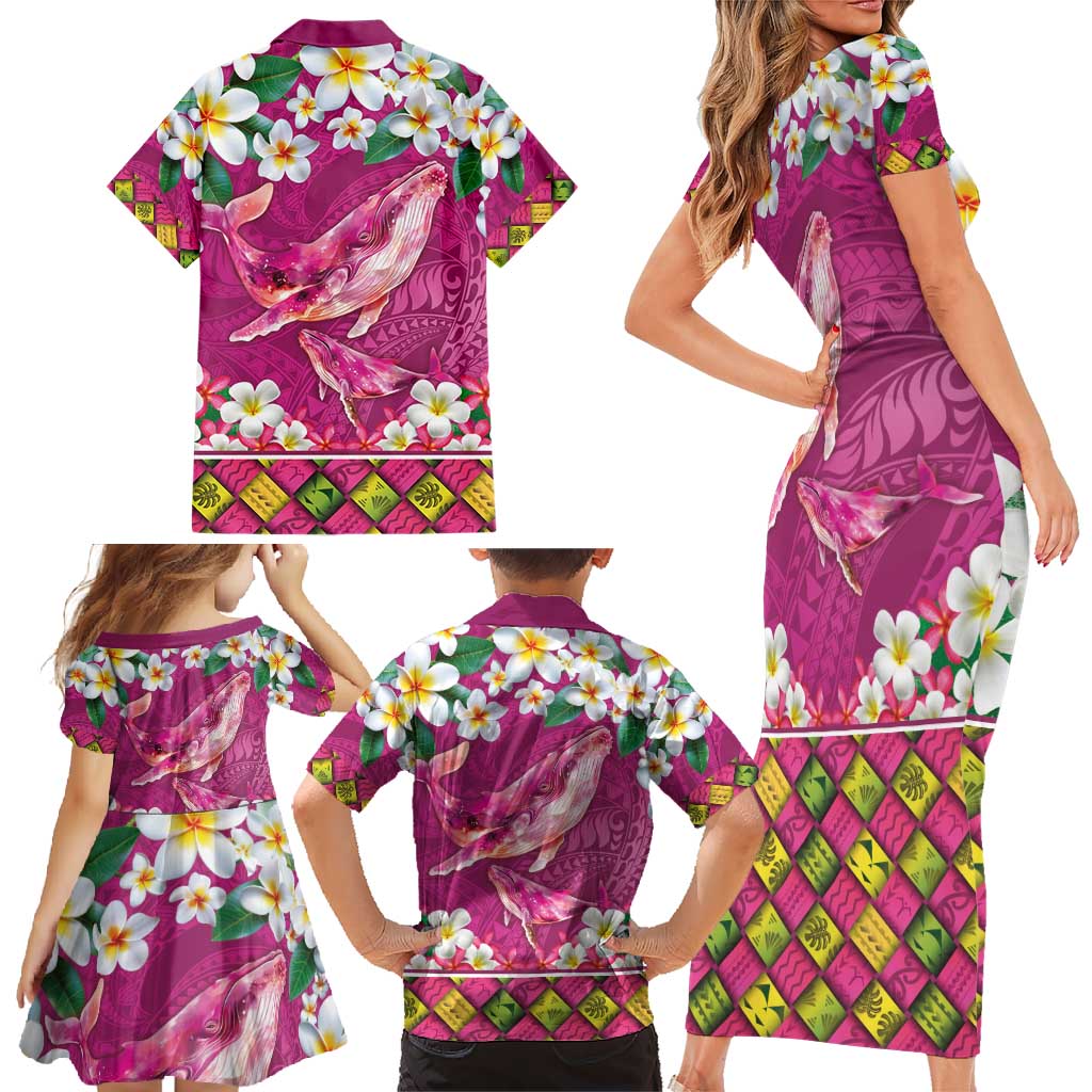 Hawaiian Plumeria and Humpback Whales Family Matching Short Sleeve Bodycon Dress and Hawaiian Shirt Polynerian Art Tattoo-Plum Pink Color