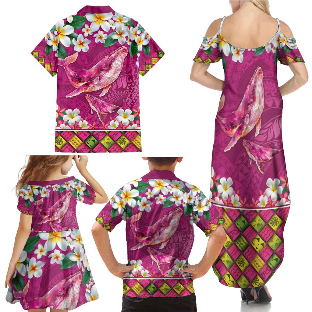 Hawaiian Plumeria and Humpback Whales Family Matching Summer Maxi Dress and Hawaiian Shirt Polynerian Art Tattoo-Plum Pink Color