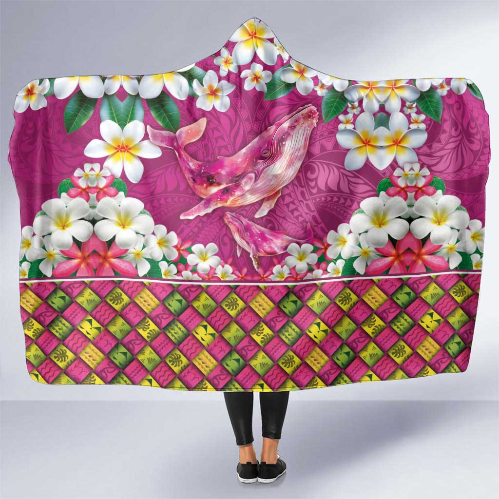 Hawaiian Plumeria and Humpback Whales Hooded Blanket Polynerian Art Tattoo-Plum Pink Color