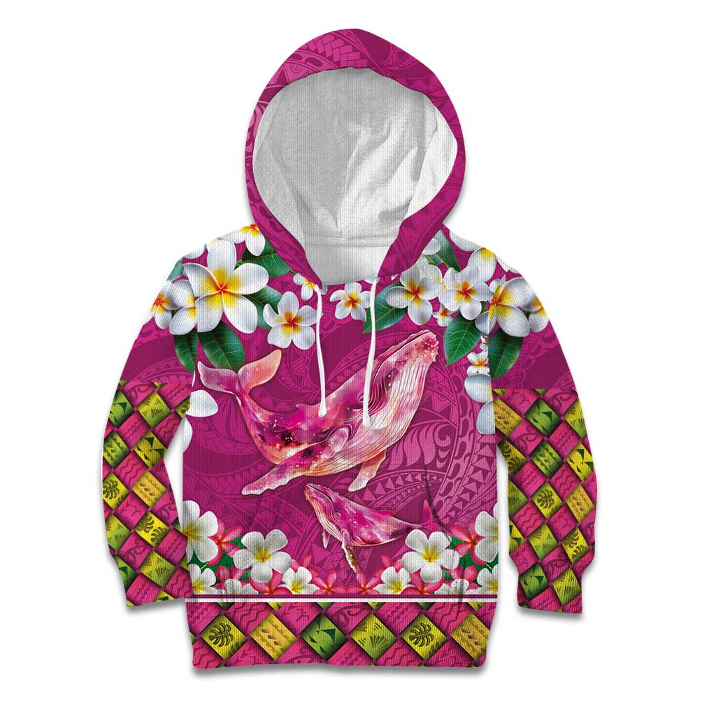 Hawaiian Plumeria and Humpback Whales Kid Hoodie Polynerian Art Tattoo-Plum Pink Color